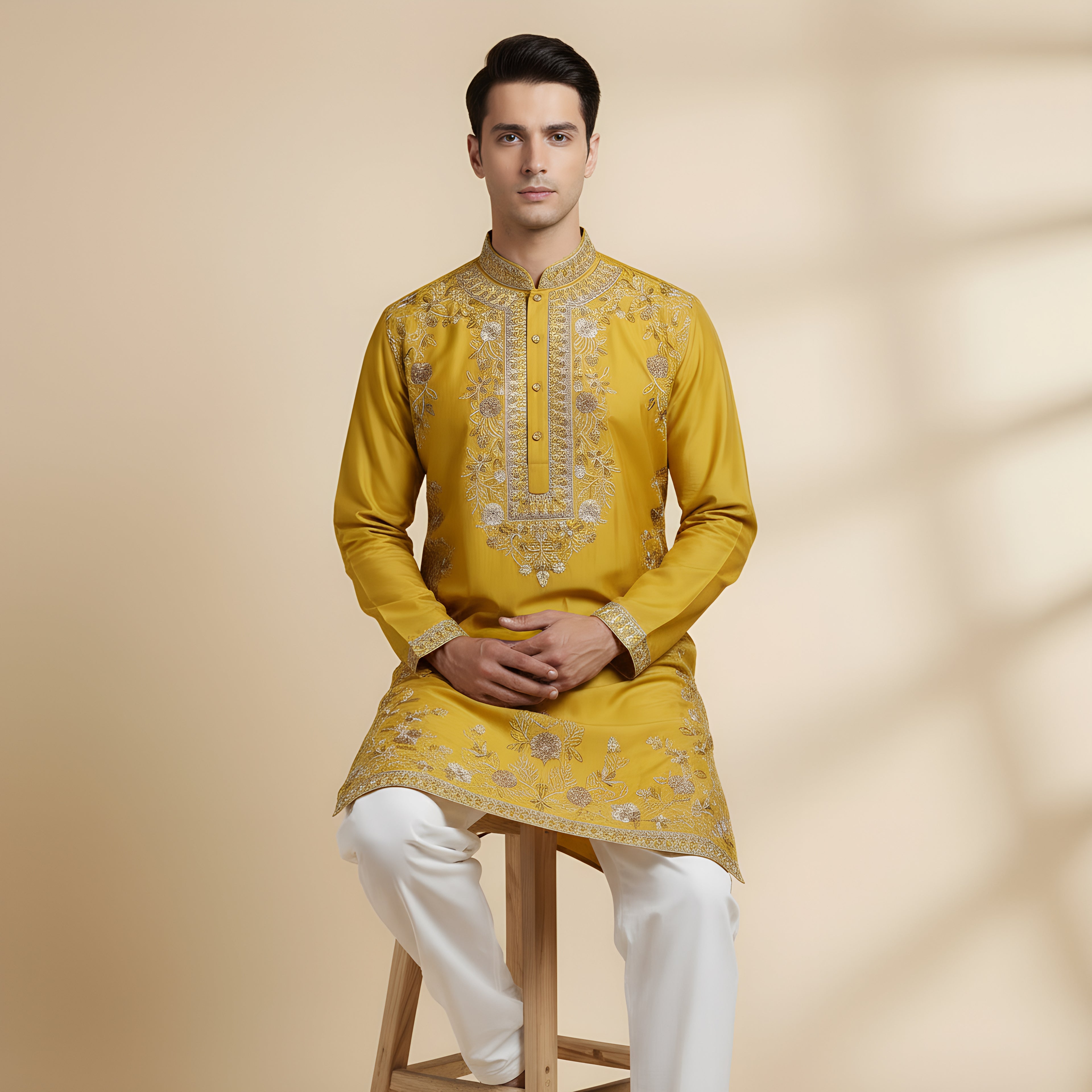 Mustard Yellow Embroidered Kurta Set