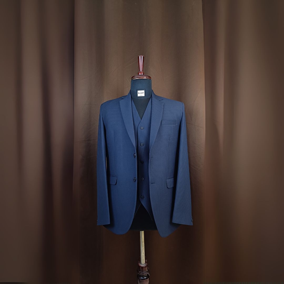 Men's Modern Fit Navy Blue Pinstripe 3-Piece Suit