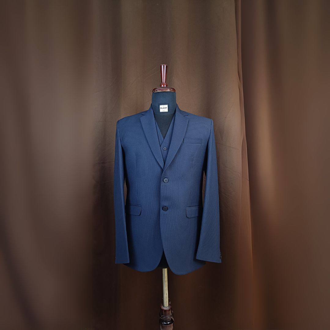 Men's Modern Fit Navy Blue Pinstripe 3-Piece Suit