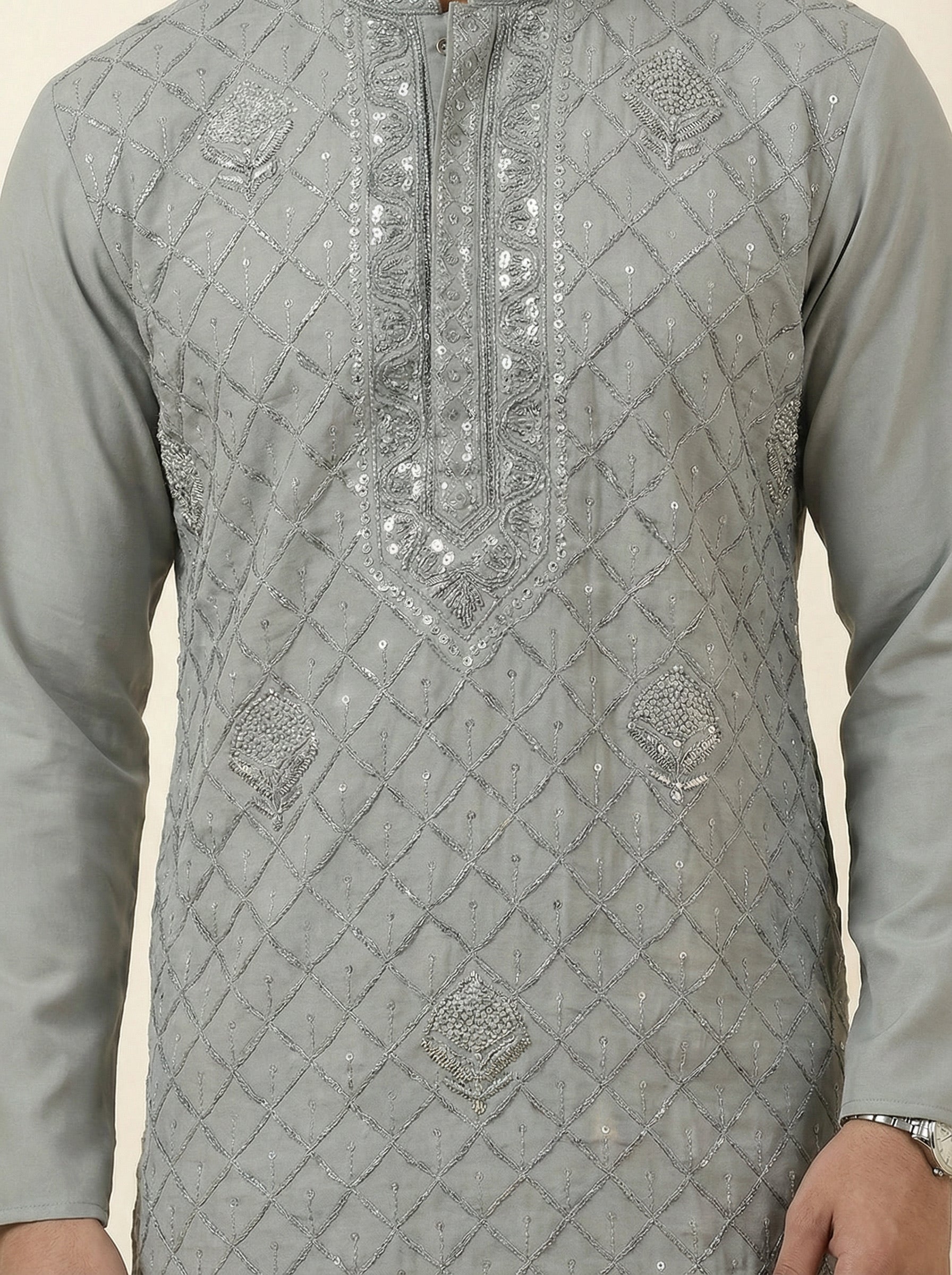 Ash Grey Textured Kurta Set