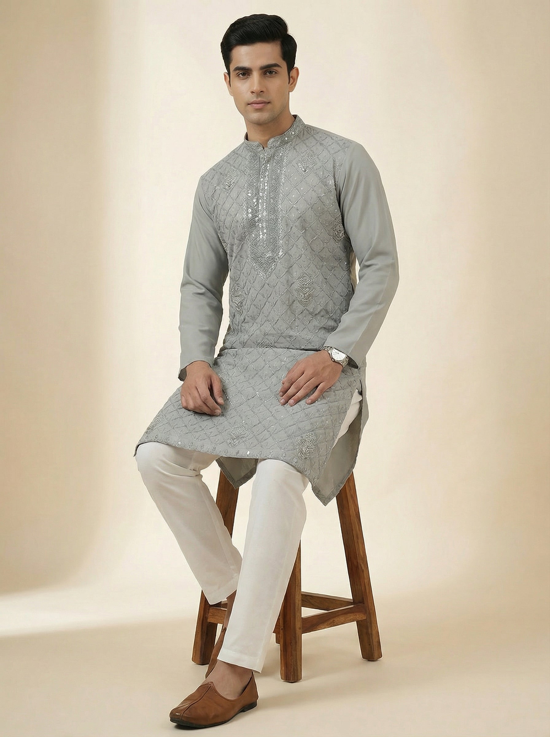 Ash Grey Textured Kurta Set
