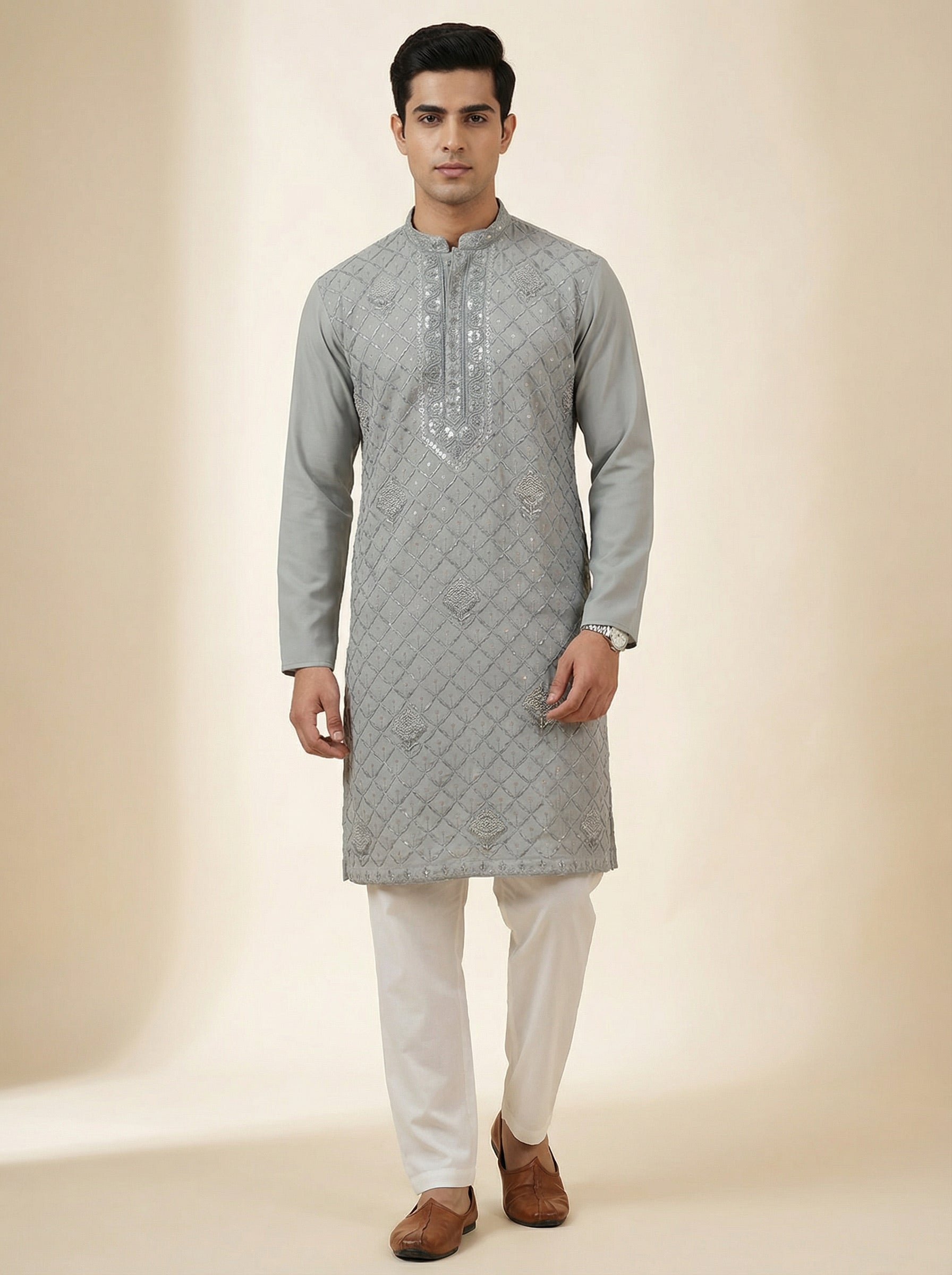Ash Grey Textured Kurta Set