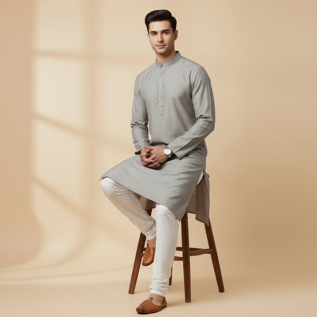 Stone Grey Pinstripe Kurta