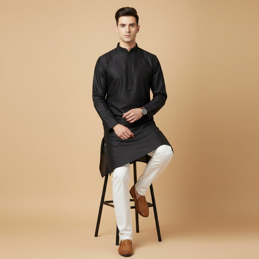 Jet Black Embellished Placket Kurta