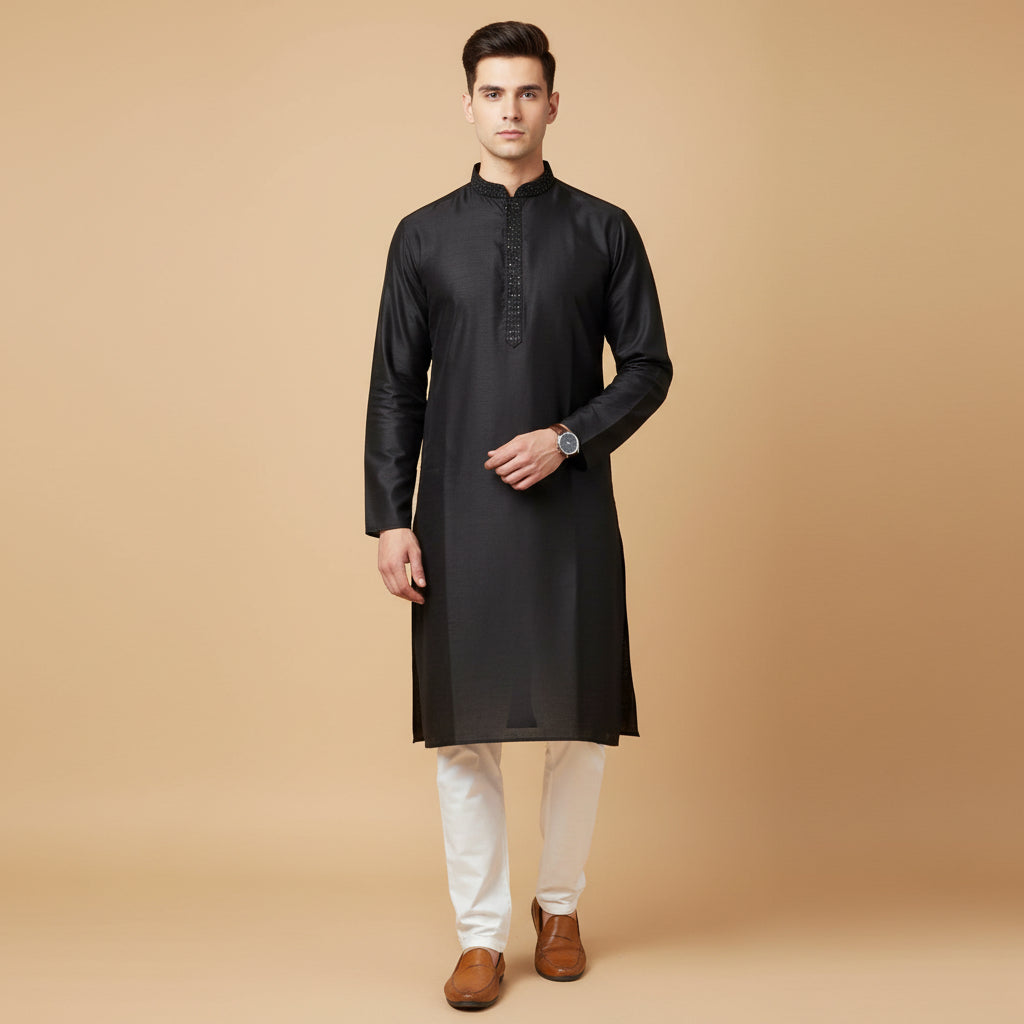 Jet Black Embellished Placket Kurta