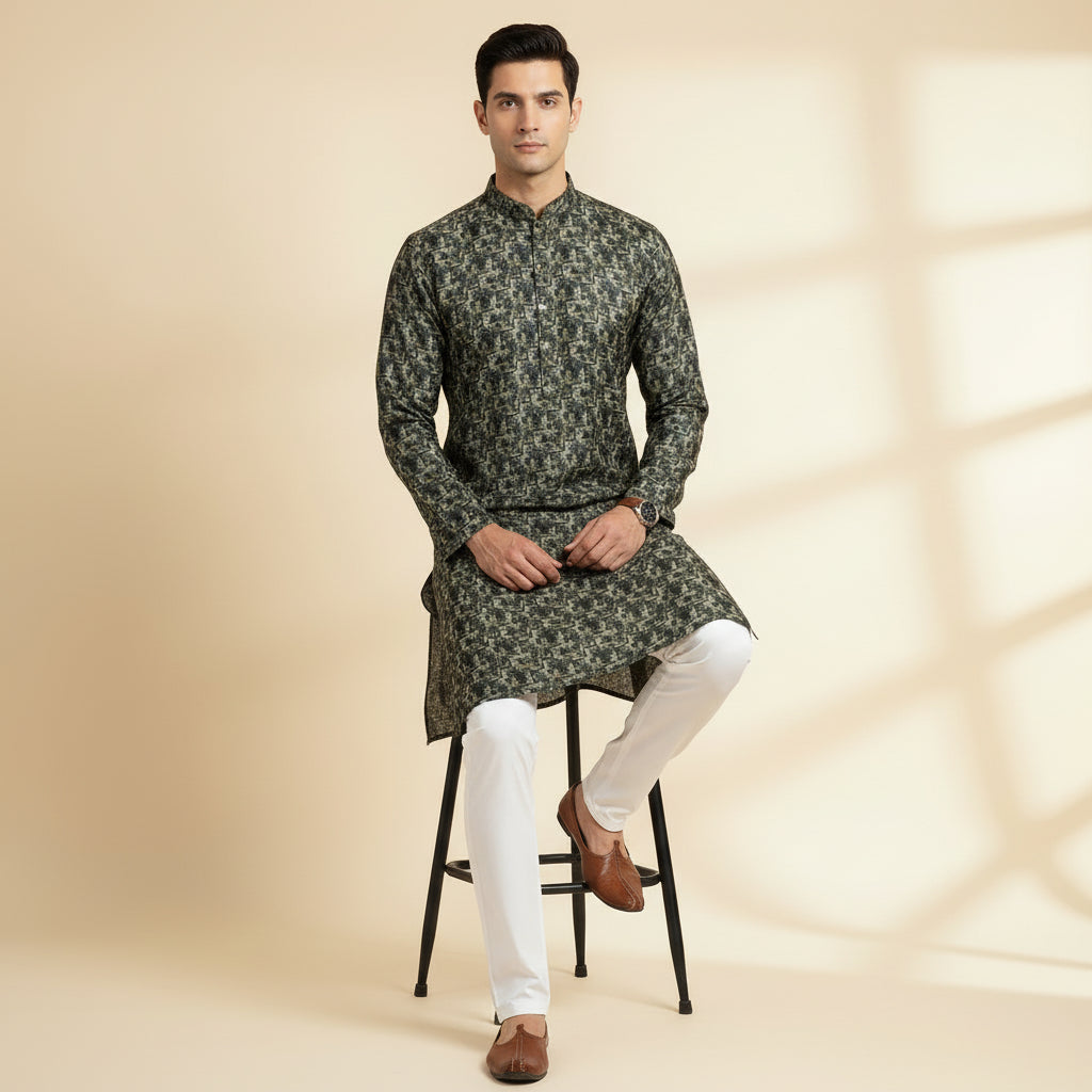 Forest Green Signature Print Kurta