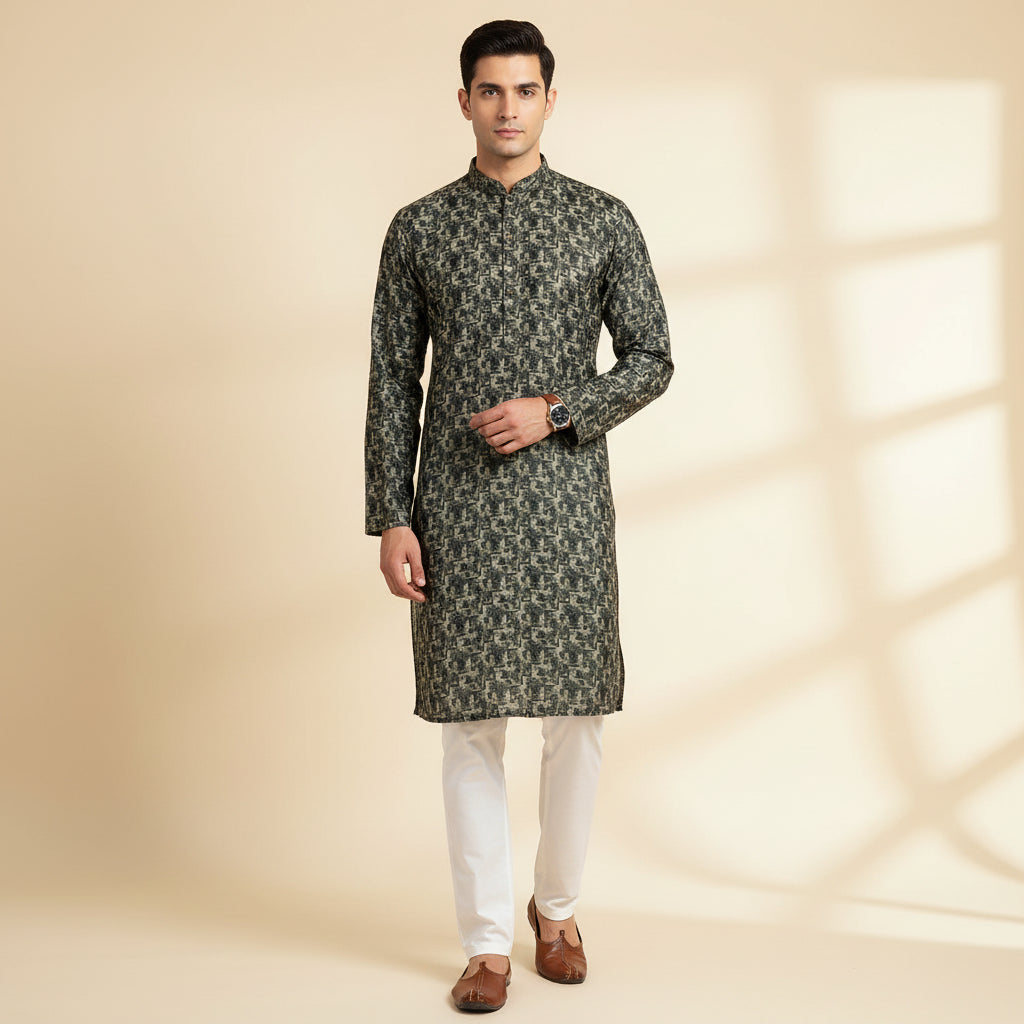 Forest Green Signature Print Kurta