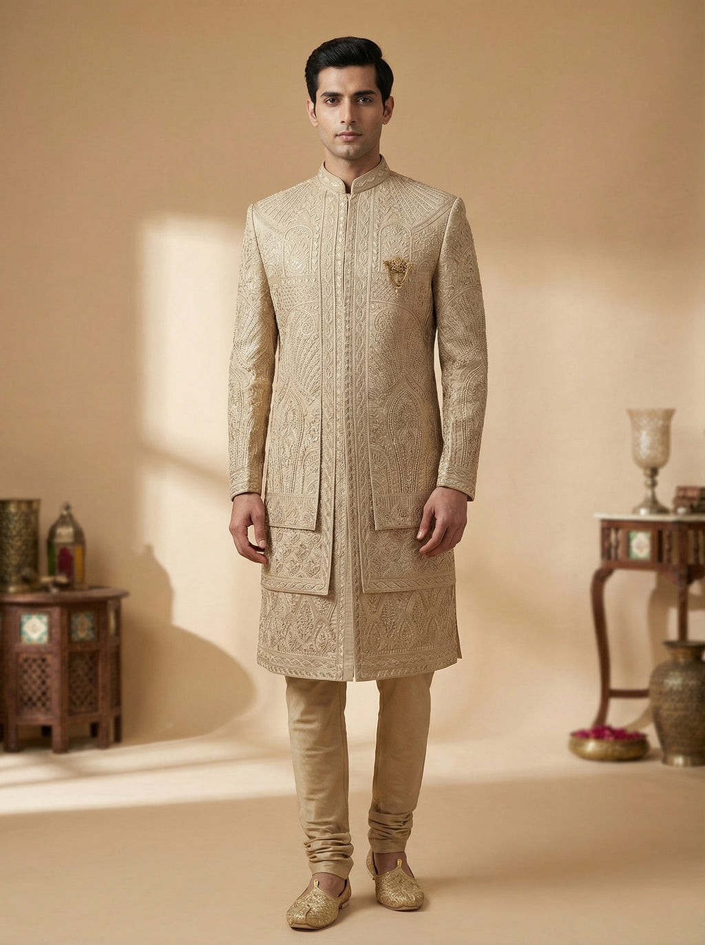 Antique Gold Royal Cut Sherwani