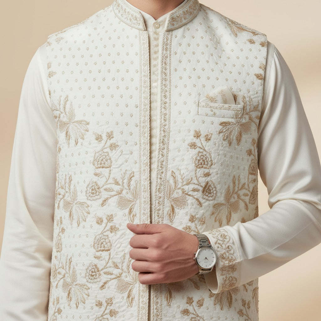 Royal Ivory Bloom Kurta Koti Set