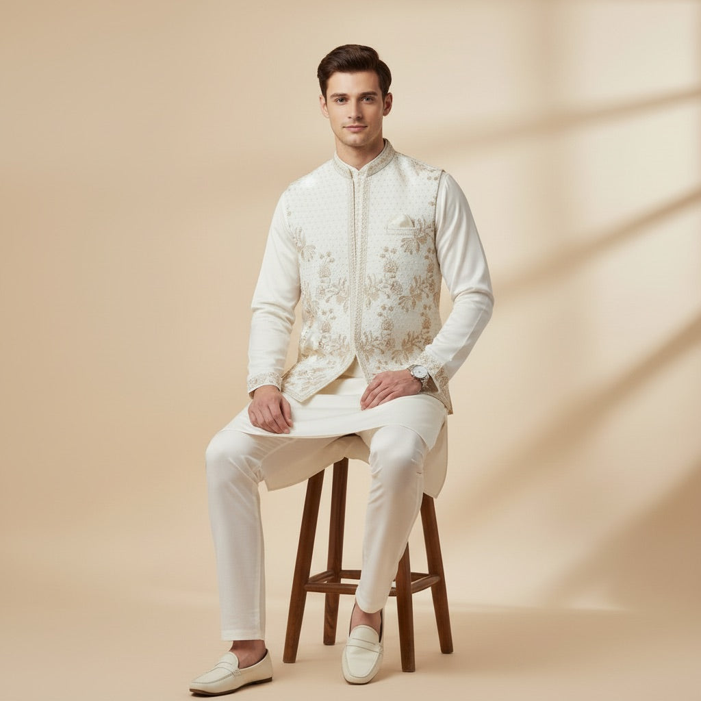Royal Ivory Bloom Kurta Koti Set