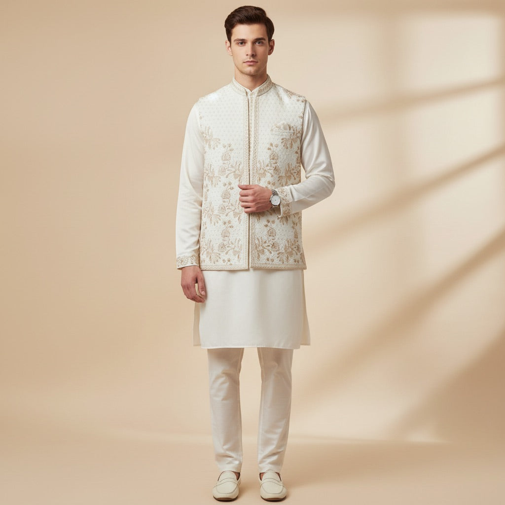 Royal Ivory Bloom Kurta Koti Set