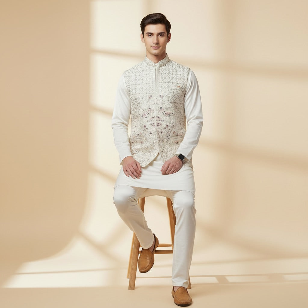 Royal Cream Kurta Koti Set