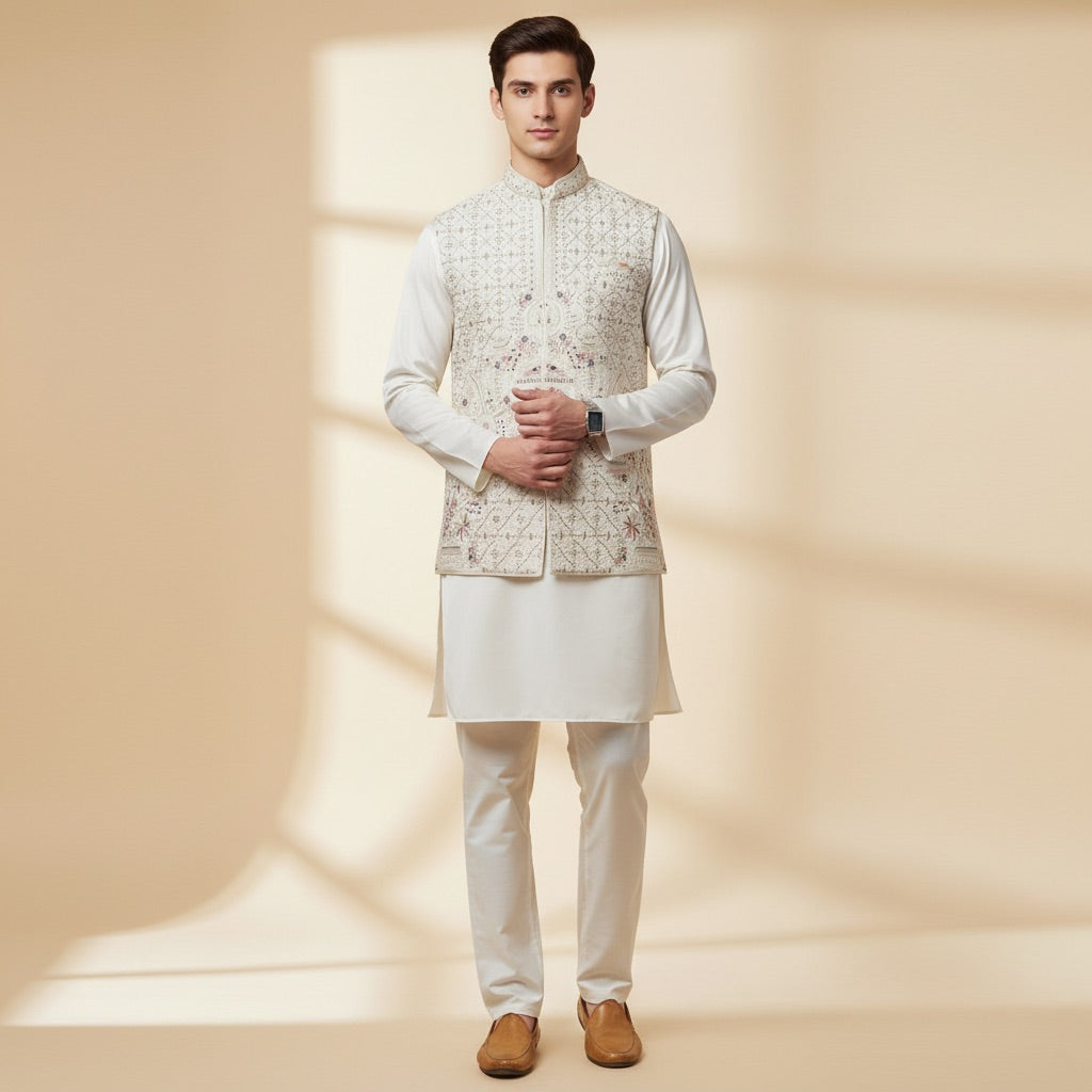 Royal Cream Kurta Koti Set