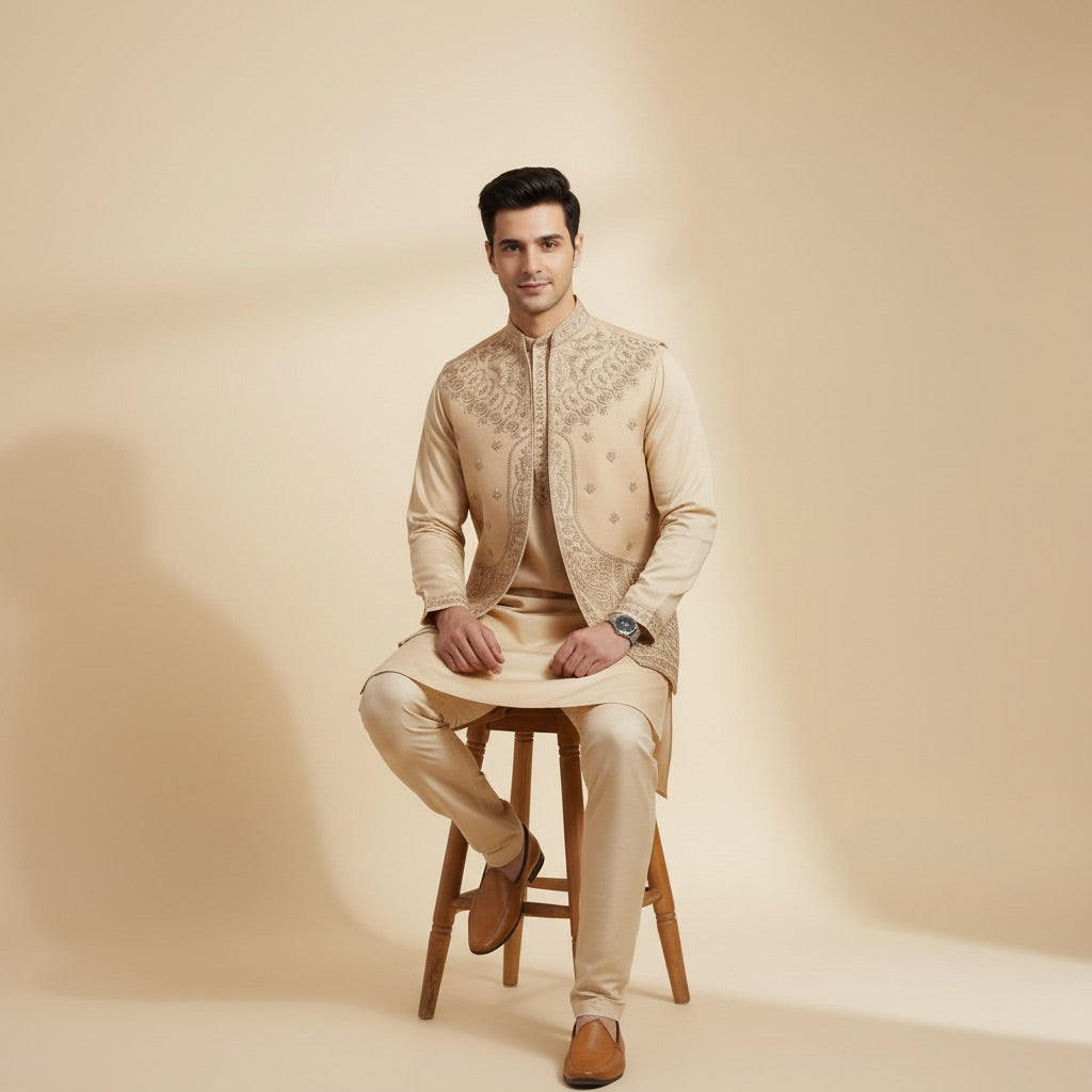 Sand Gold Royal Kurta Koti Set