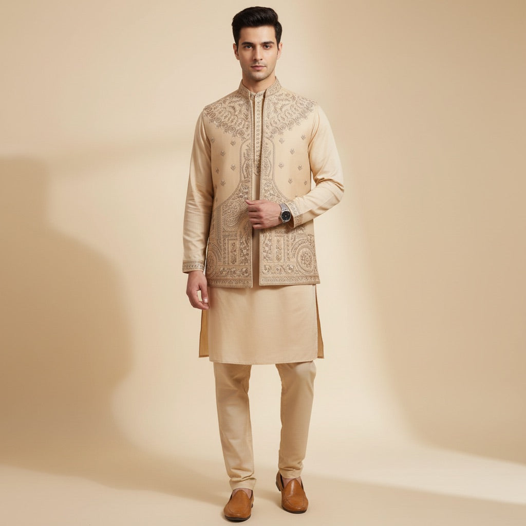 Sand Gold Royal Kurta Koti Set