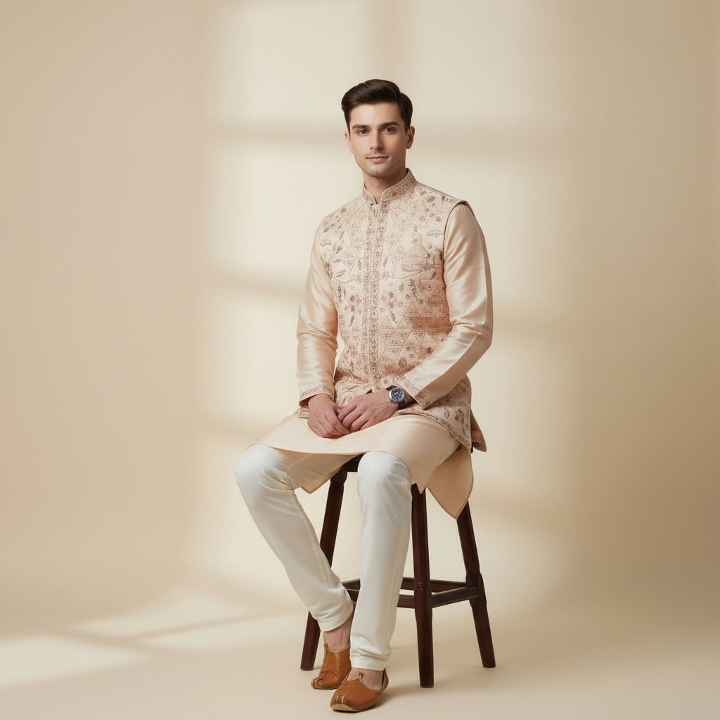 Peach Heritage Kurta Koti Set