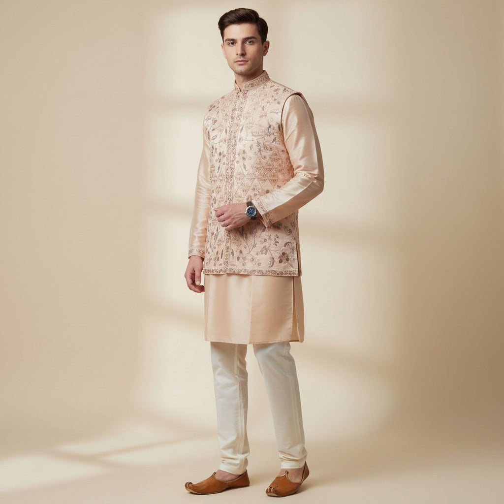Peach Heritage Kurta Koti Set