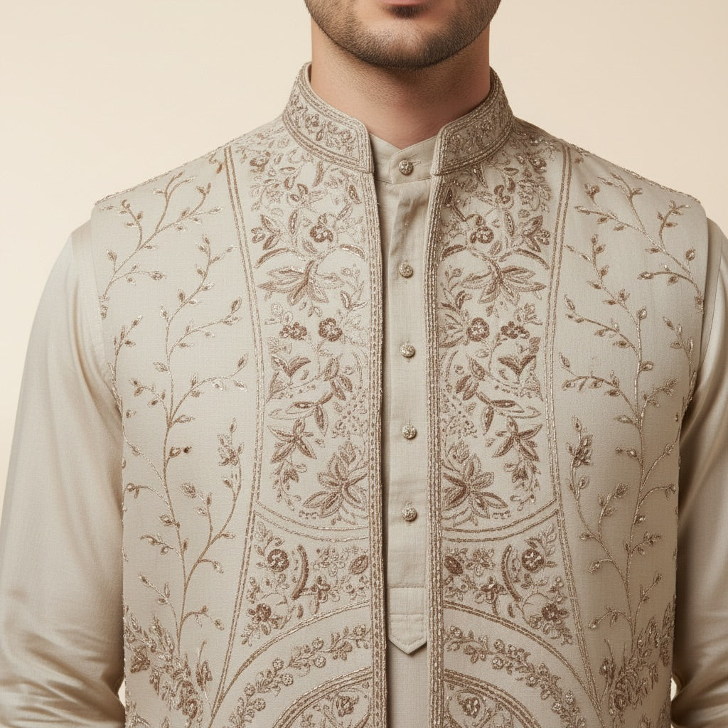 Antique Cream Royal Kurta Koti Set
