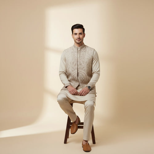 Antique Cream Royal Kurta Koti Set