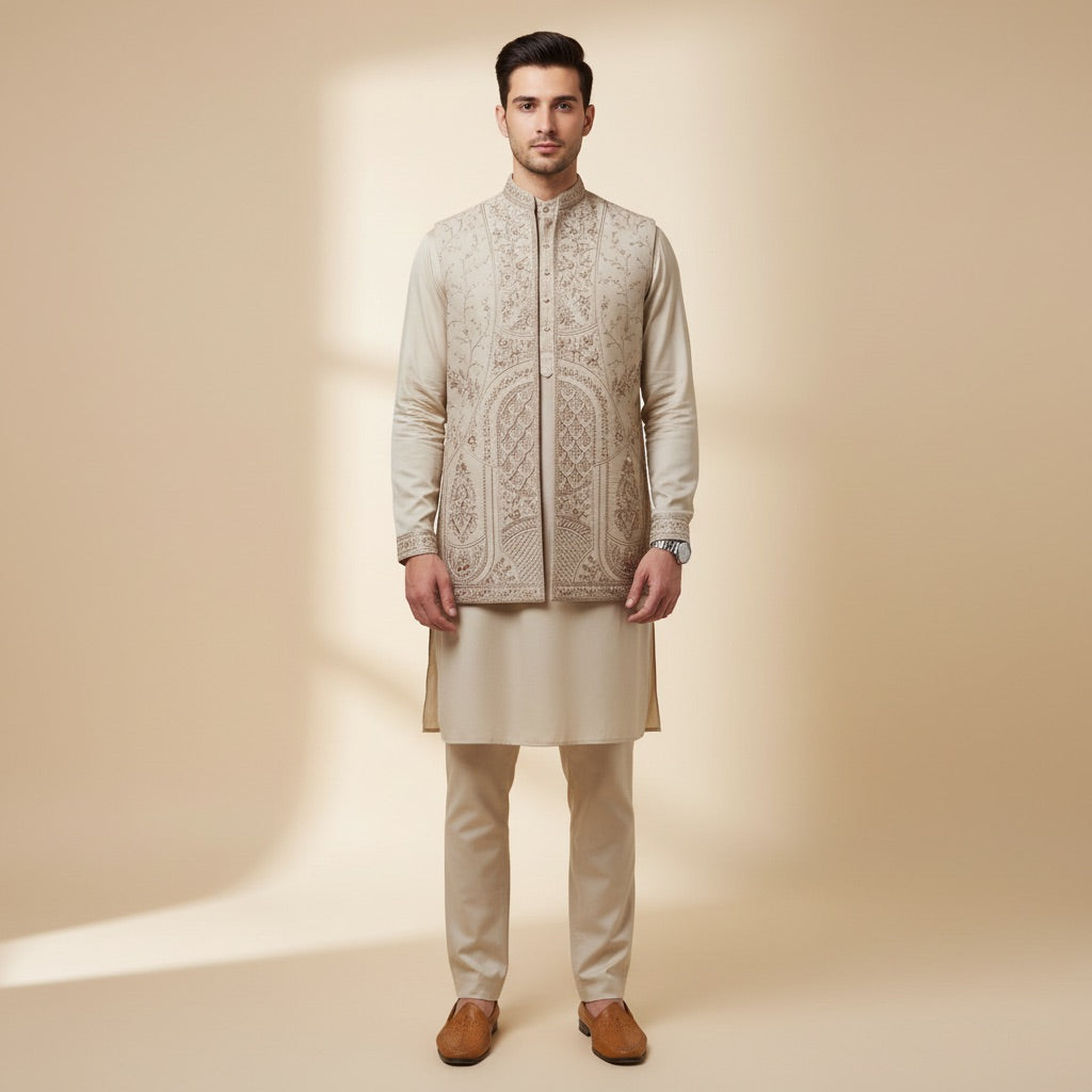 Antique Cream Royal Kurta Koti Set