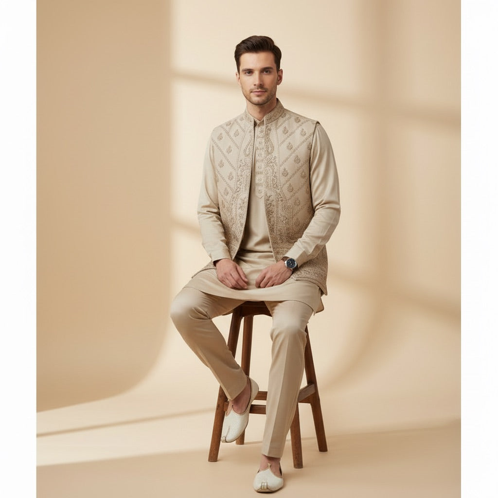 Classic Cream Kurta Koti Set