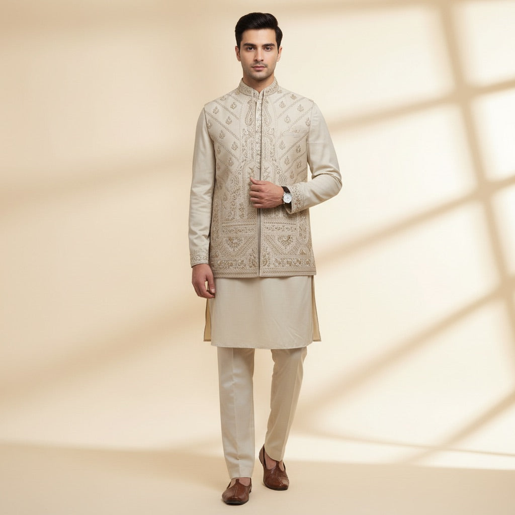 Regal Beige Majesty Kurta Koti Set