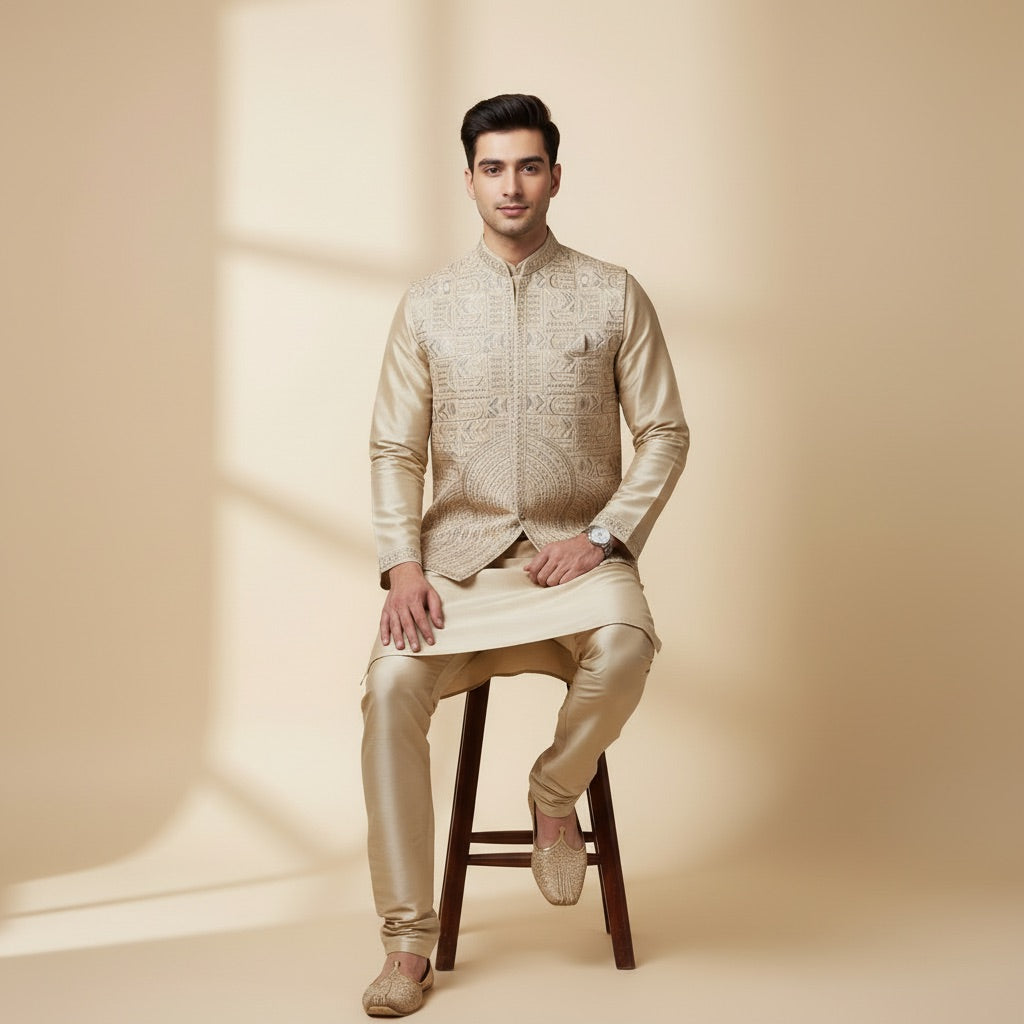 Classic Champagne Kurta Koti Set