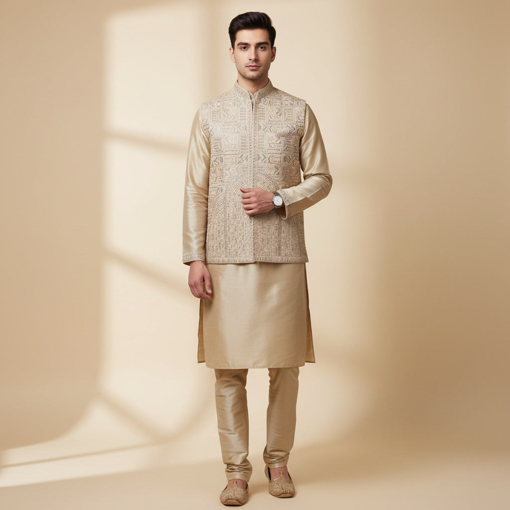 Classic Champagne Kurta Koti Set