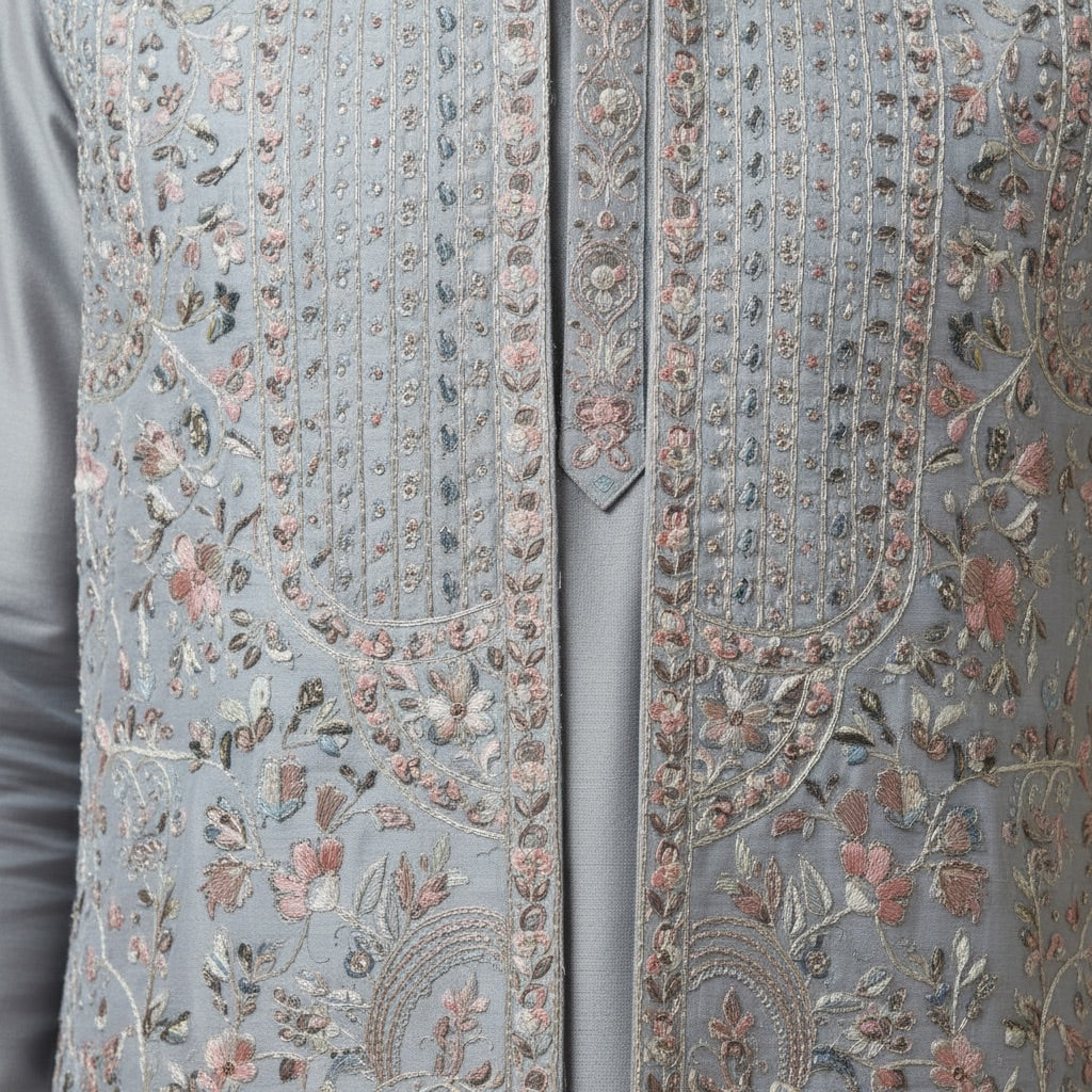 Silver Grey Heritage Kurta Koti Set