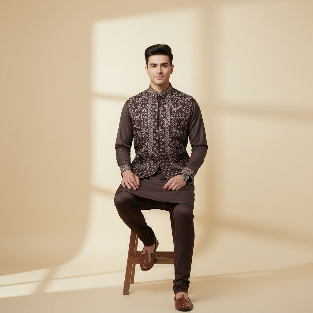 Midnight Brown Royal Kurta Koti Set