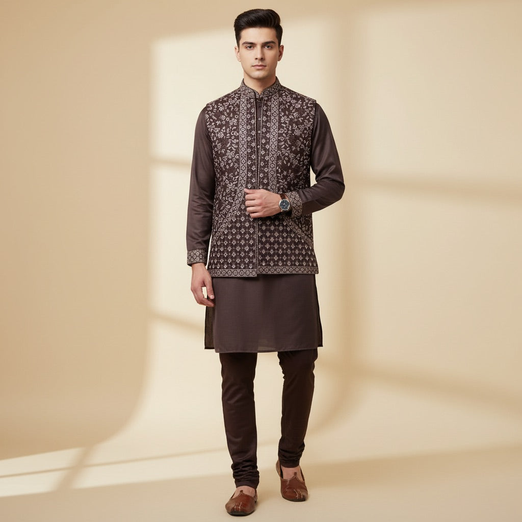 Midnight Brown Royal Kurta Koti Set