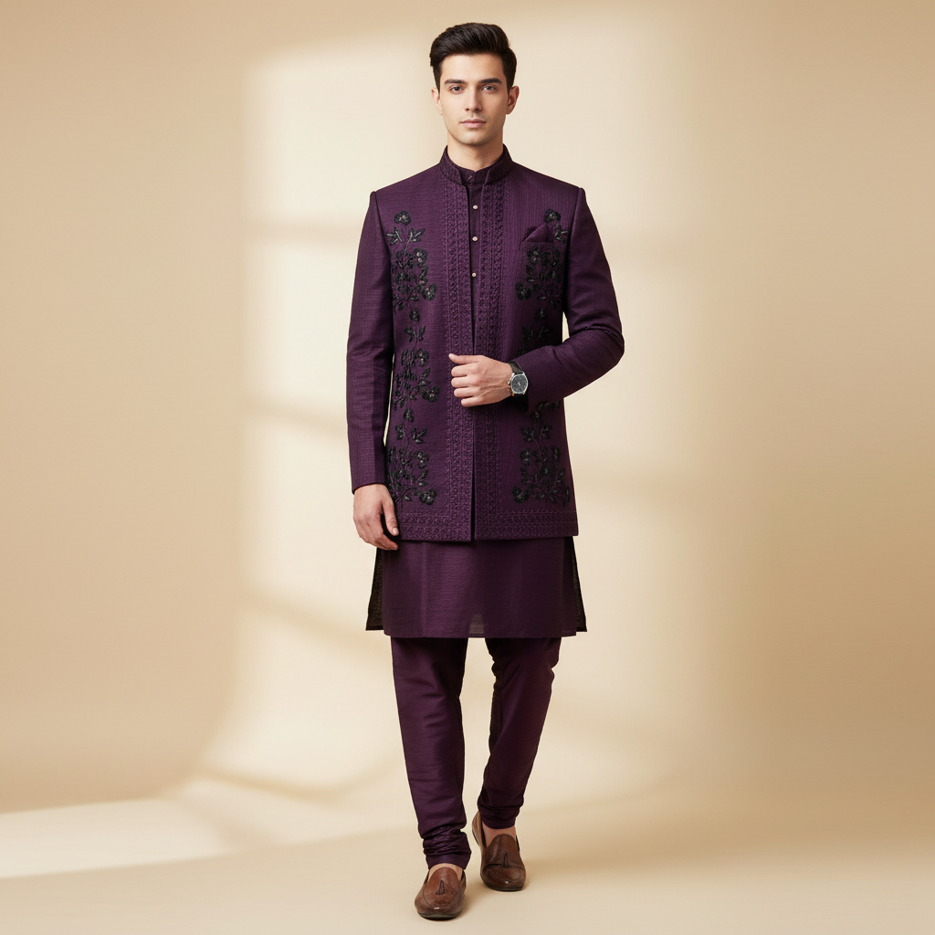 Wine Purple Kurta Koti Set