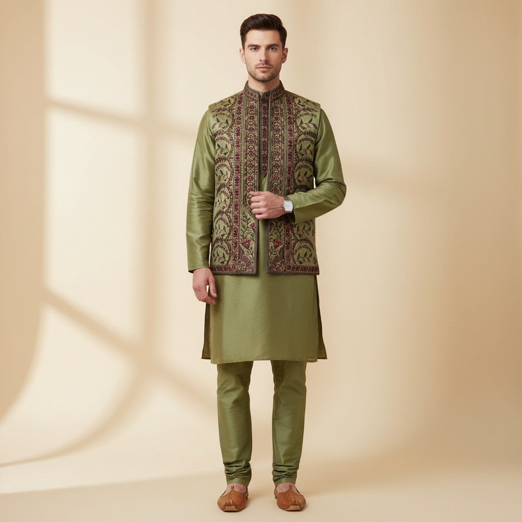 Olive Royal Kurta Koti Set