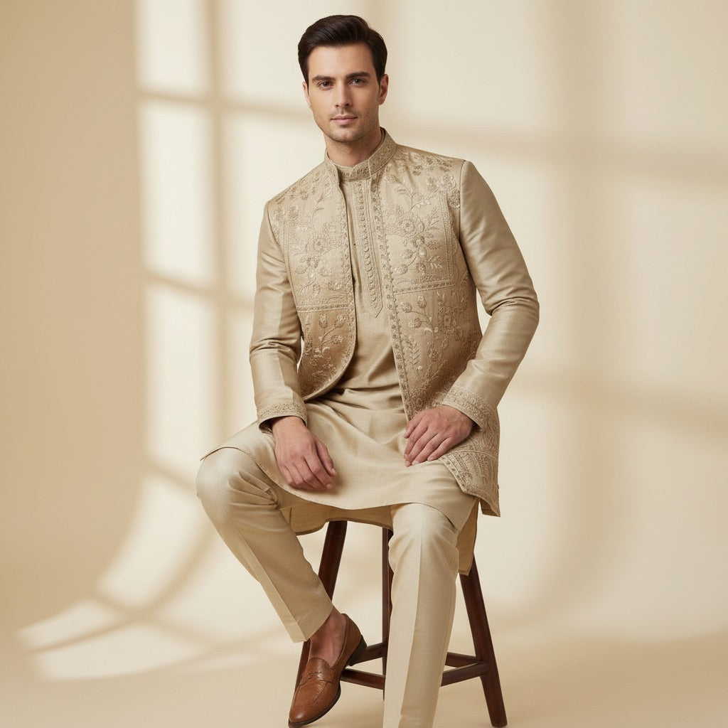 Royal Champagne Gold Kurta Koti Set