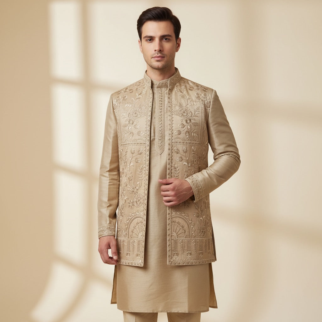Royal Champagne Gold Kurta Koti Set