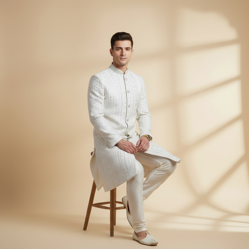 Ivory Vertical Motif Sherwani Set