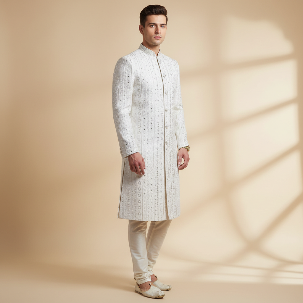 Ivory Vertical Motif Sherwani Set