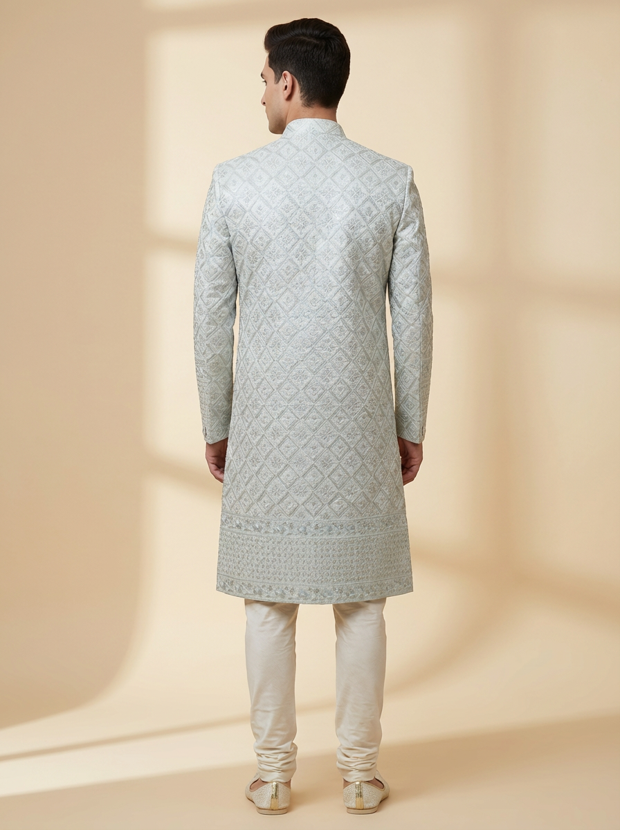 Silver Grey Diamond Sherwani Set