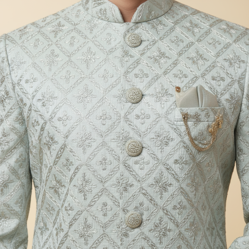 Silver Grey Diamond Sherwani Set