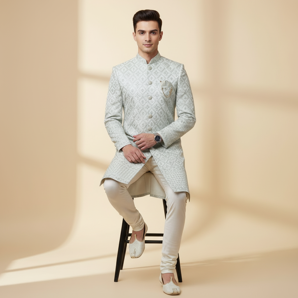 Silver Grey Diamond Sherwani Set