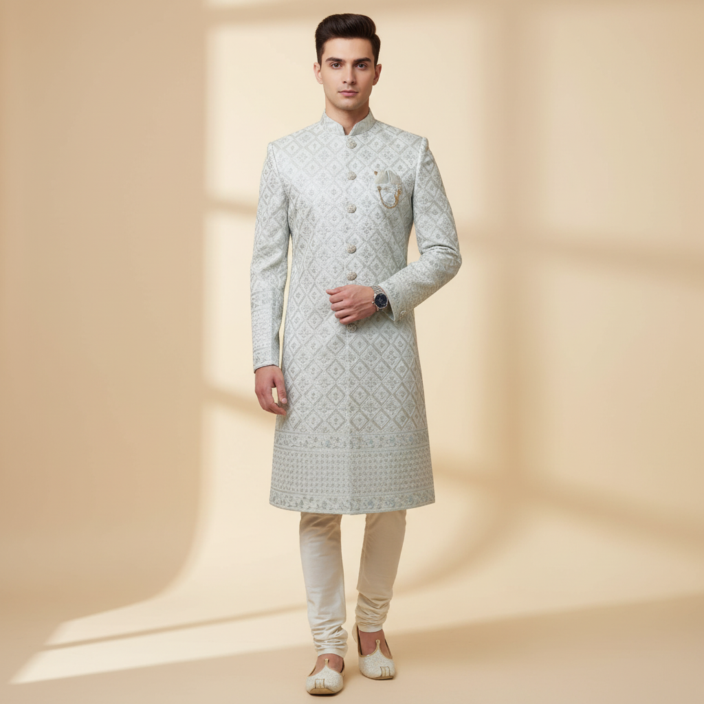 Silver Grey Diamond Sherwani Set