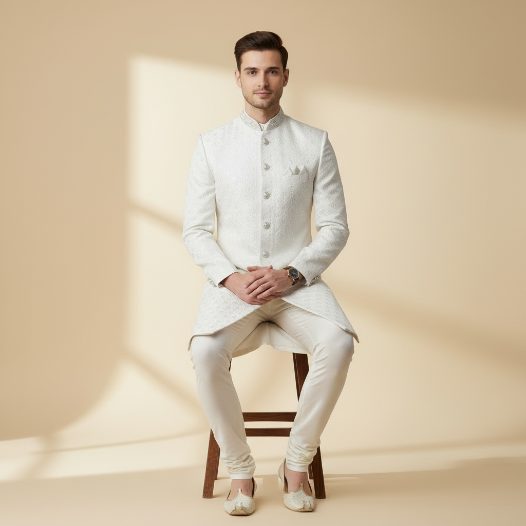 Ivory Classic Self-Weave Sherwani Set
