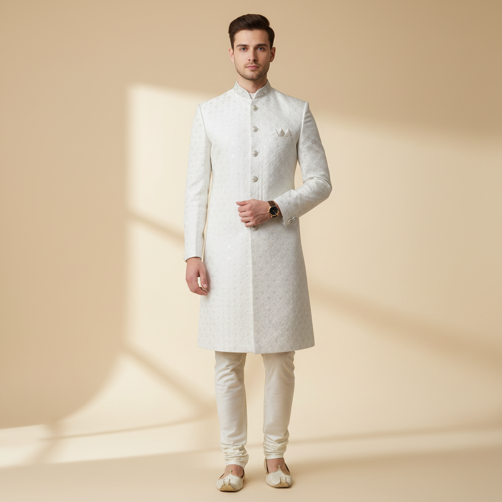 Ivory Classic Self-Weave Sherwani Set
