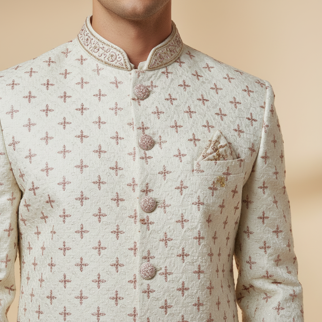 Ivory Cross-Motif Sherwani Set