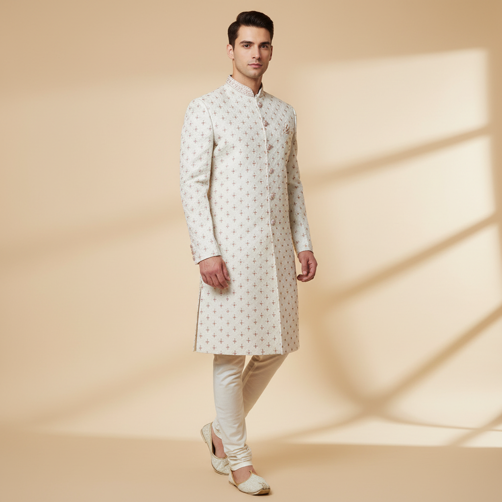 Ivory Cross-Motif Sherwani Set