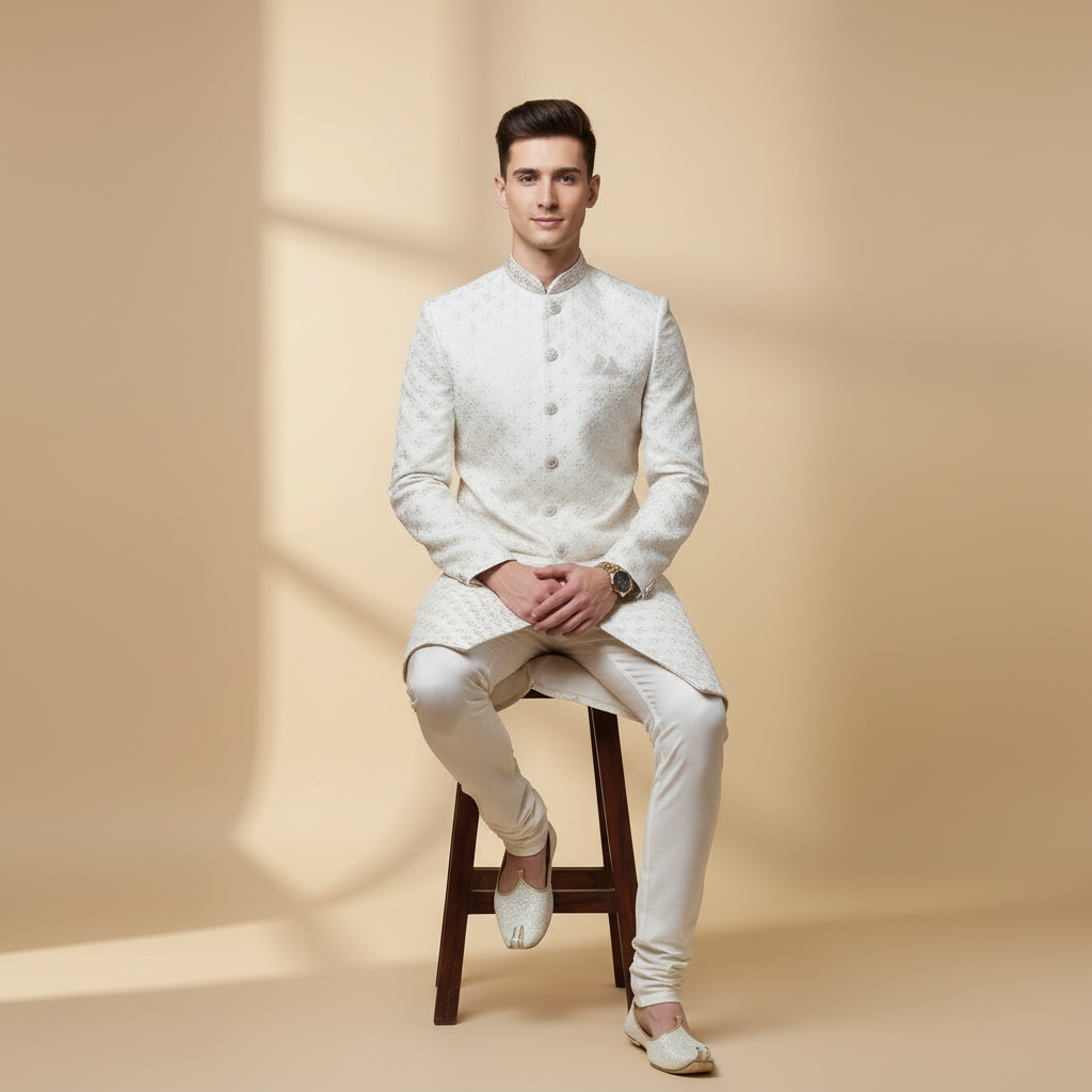Minimal White Luxe Sherwani Set
