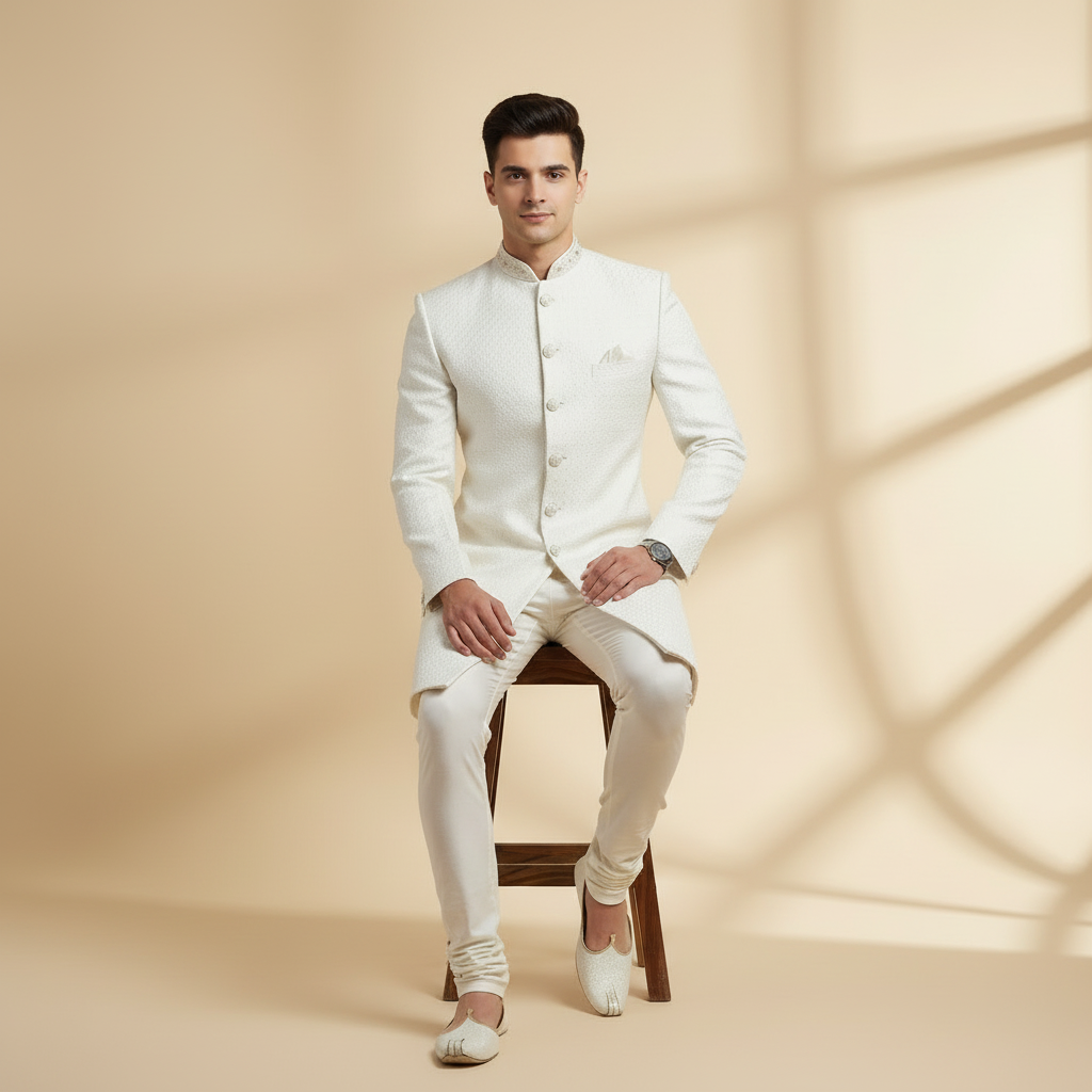 Snow White Minimal Sherwani Set