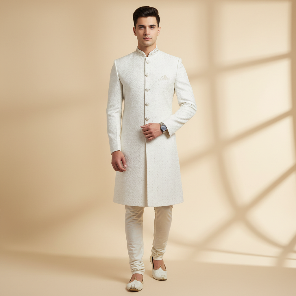 Snow White Minimal Sherwani Set