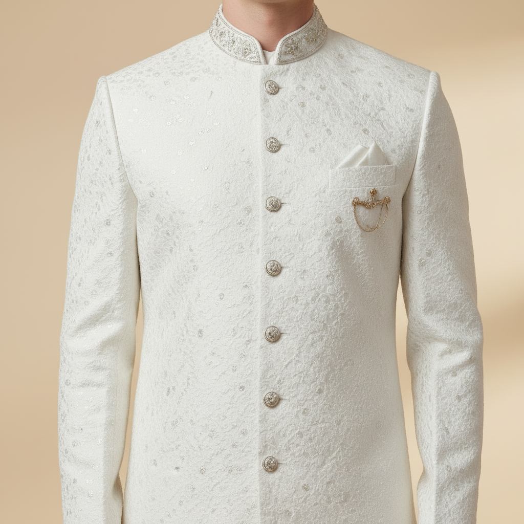 Regal Ivory Chain-Detail Sherwani Set