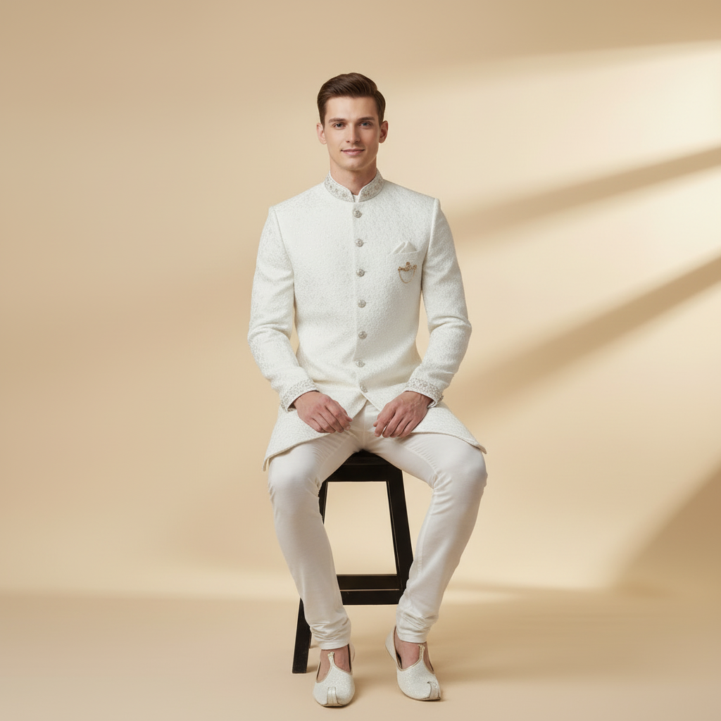 Regal Ivory Chain-Detail Sherwani Set